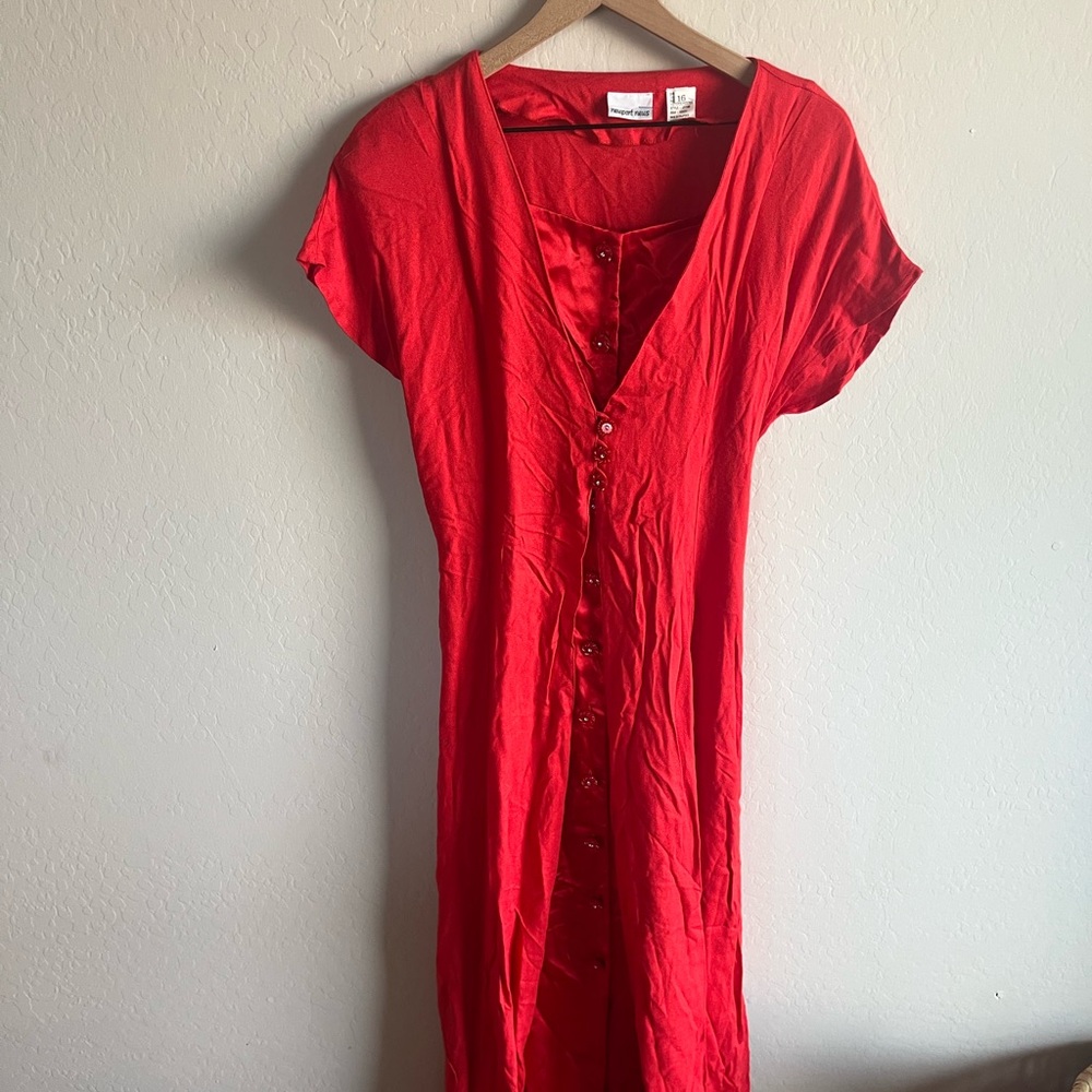 Vintage Newport News Red Satin Overlay Maxi Dress Size 16 Y2K 90s Plus Back Tie